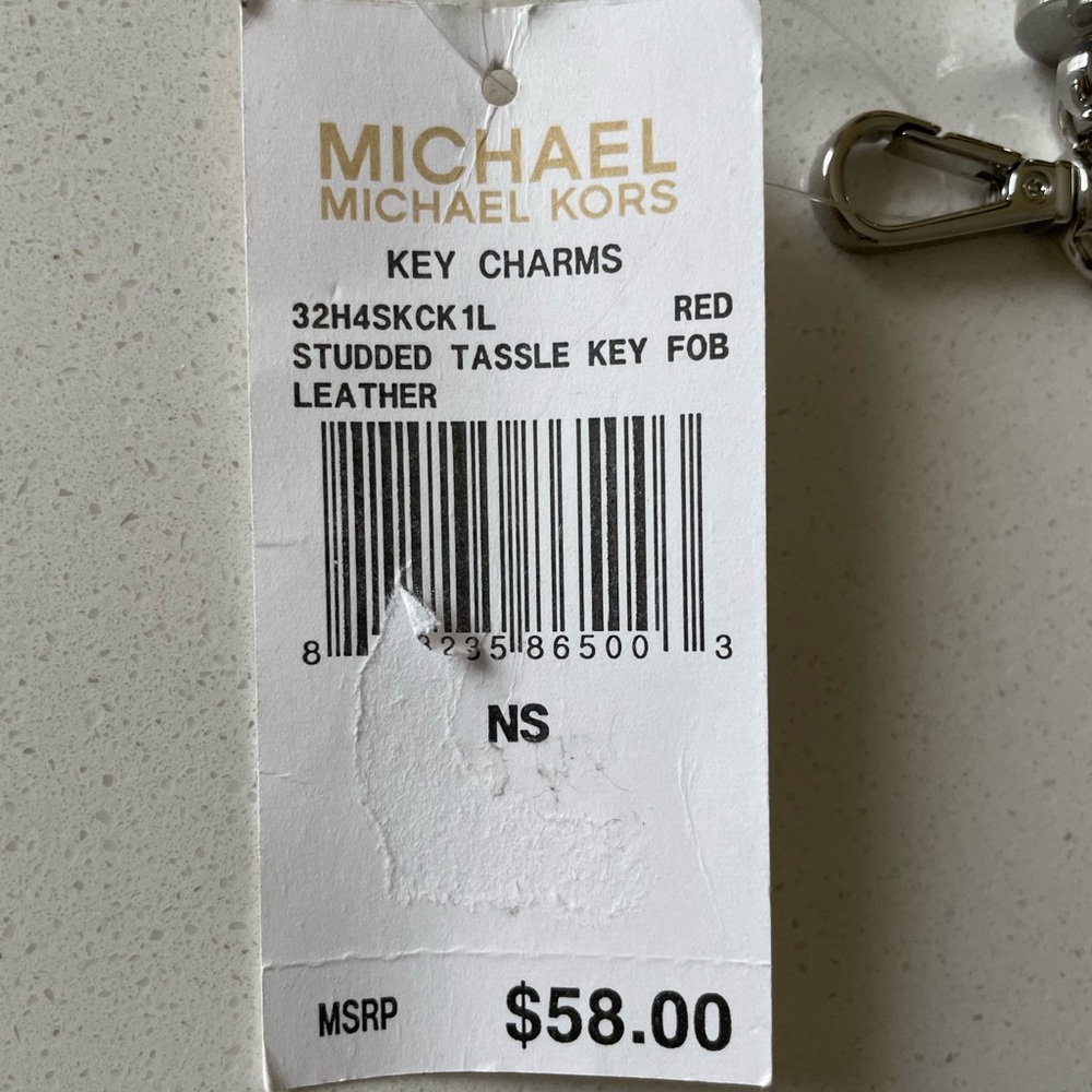 NWT Michael Kors Studded Tassel Key Chain Fob Bag Charm Silver/Red Leather - Picture 7 of 7